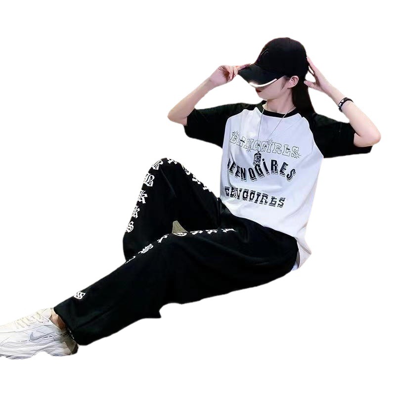 Black Letter Print Sports Pants Women's Loose Casual Straight Wide Leg Hip-Hip-Hop Pants Jazz Dance Sweatpants