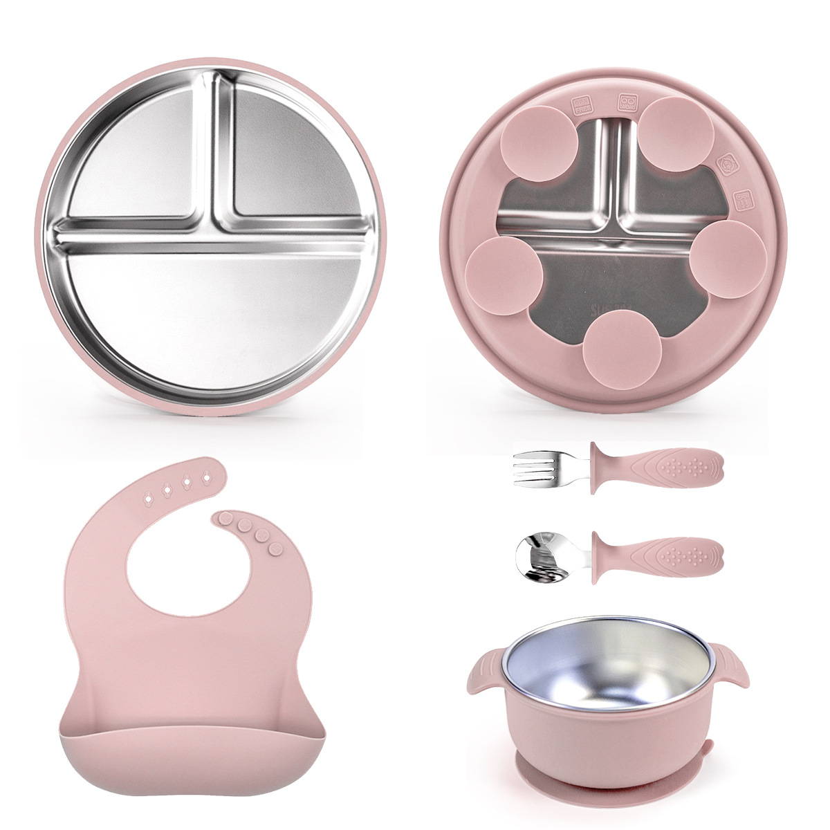 Picture of Cross-Border Baby Dinner Plate Baby Suction Cup Kidsren's Tableware Set Divided Plate Anti-Fall 304 Stainless Steel Silicone Bowl