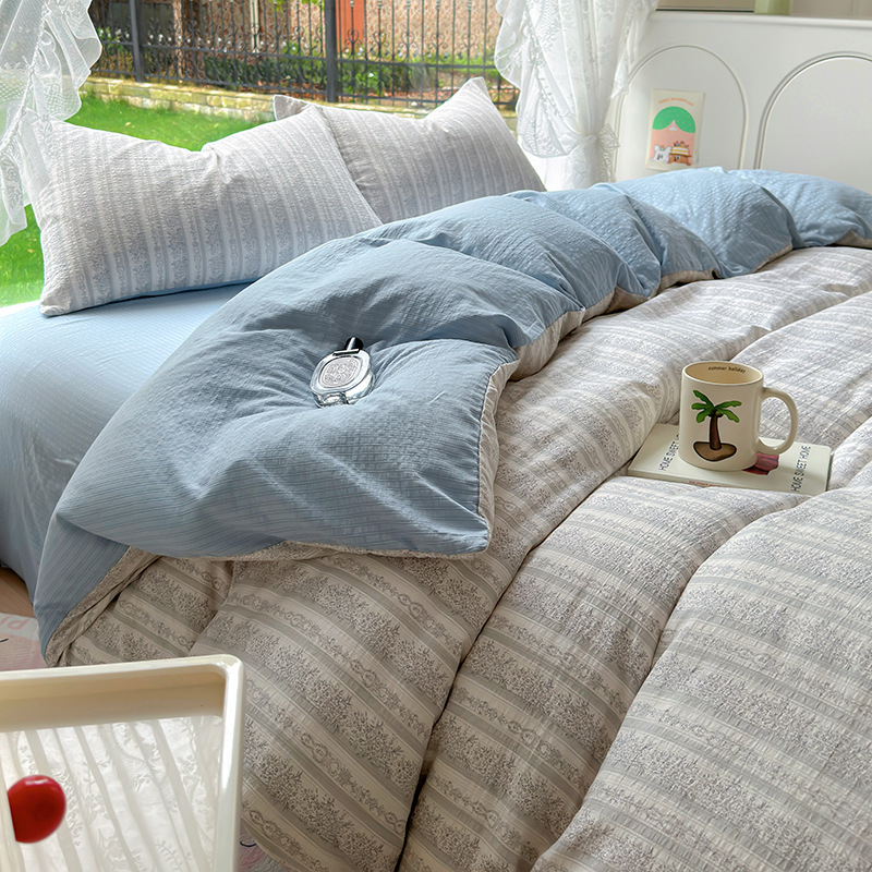 Picture of Class A Maternal and Infant Grade Fresh Small Zhu Cotton Four-piece Set Washed Cotton Bed Sheet Quilt Cover Three-piece Set for Student Dormitory