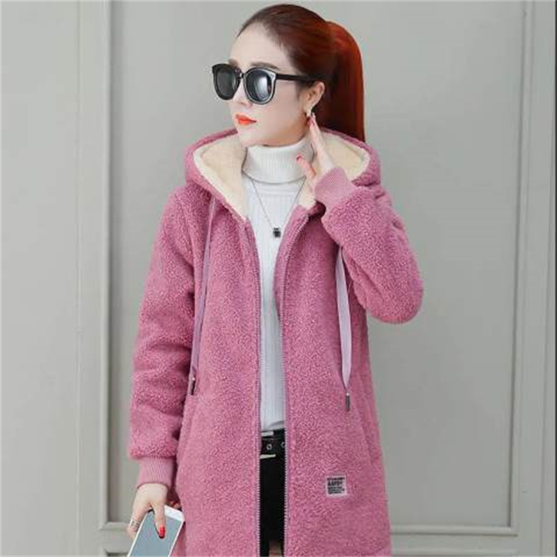 Picture of Embroidered Letter Fleece-lined Thickened Lamb Wool Women's Fleece Sweater Korean Elegant Casual Women's Mid-length Hooded Top