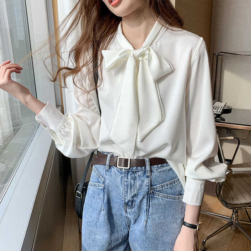 Picture of Shirt Women's Spring Imitation Satin Chiffon Shirt Women's Bow Loose Long-Sleeved Style Shirt