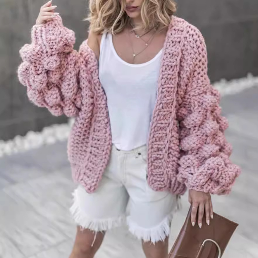 2023 European and American style Amazon new handmade woven ball lantern sleeve sweater coat women's sweater