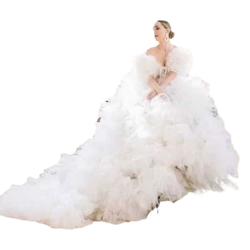 Foreign trade three-dimensional mesh heavy industry three-dimensional trailing high waist tube top three-dimensional pleated short sleeve wedding dress shooting dress