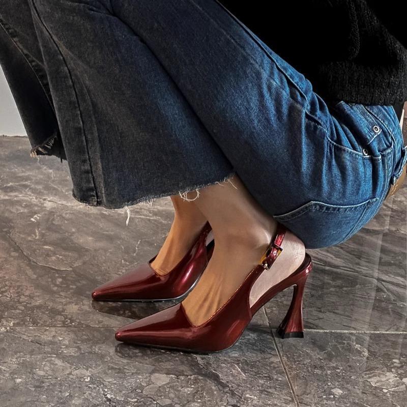 2025 New Burgundy Baotou Sandals Women's Back Strap Patent Leather Easiest for Match Stiletto Heel Pointed Toe High Heels Women's Sandals