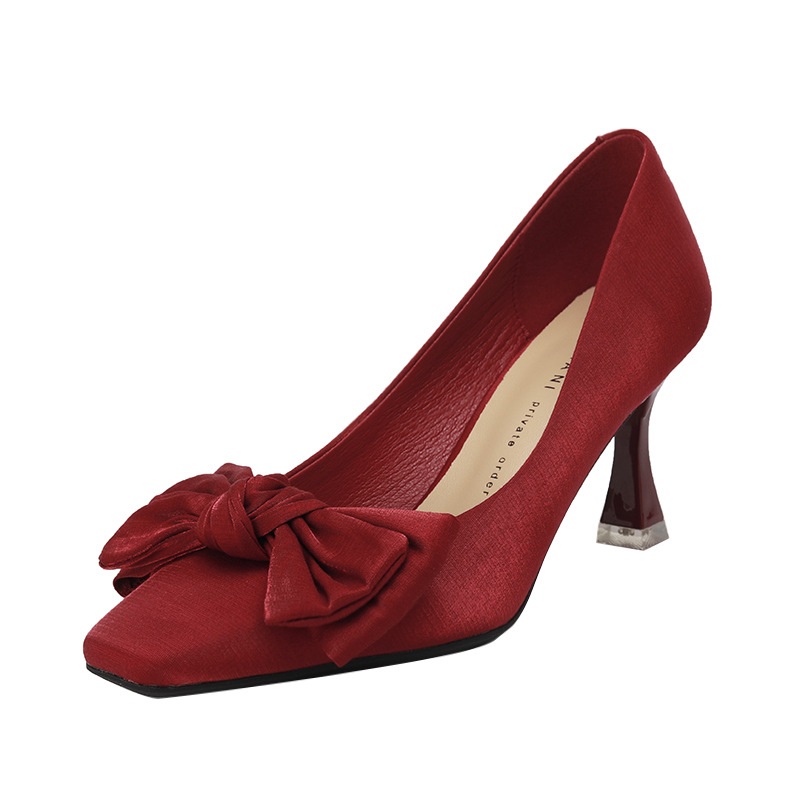 Picture of 166-28 Chinese Xiu Wo Bridal Shoes Sheepskin Satin Wedding Shoes Women's Square High Heels Bow Red Shoes