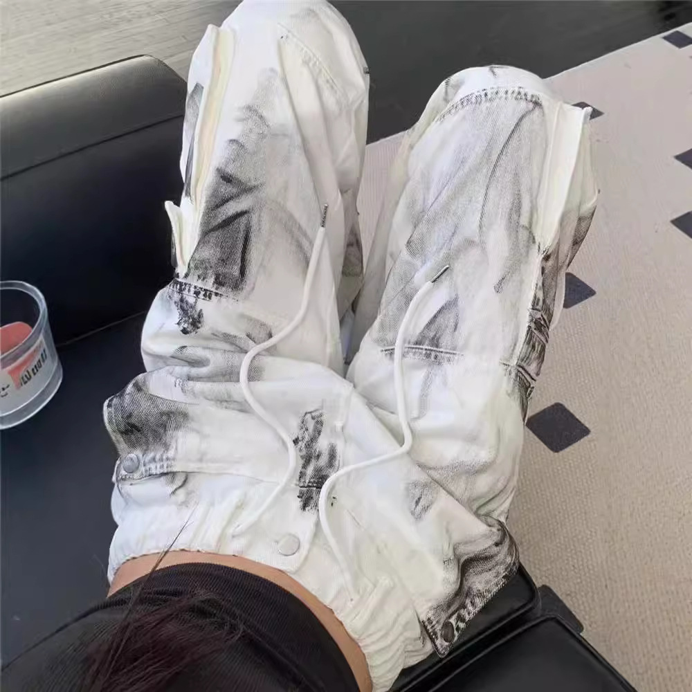 plus size Splash Ink Tie-Dye White Jeans Women Early Autumn American Style High Street Vibe Style National Fashion Wide Leg Workwear Trousers