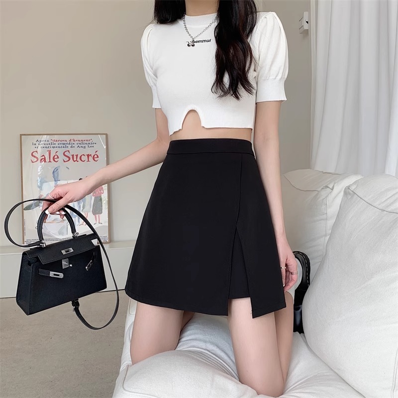 2024 irregular high waist anti-exposure A- line hip skirt women's summer Korean-style retro versatile slimming solid color skirt