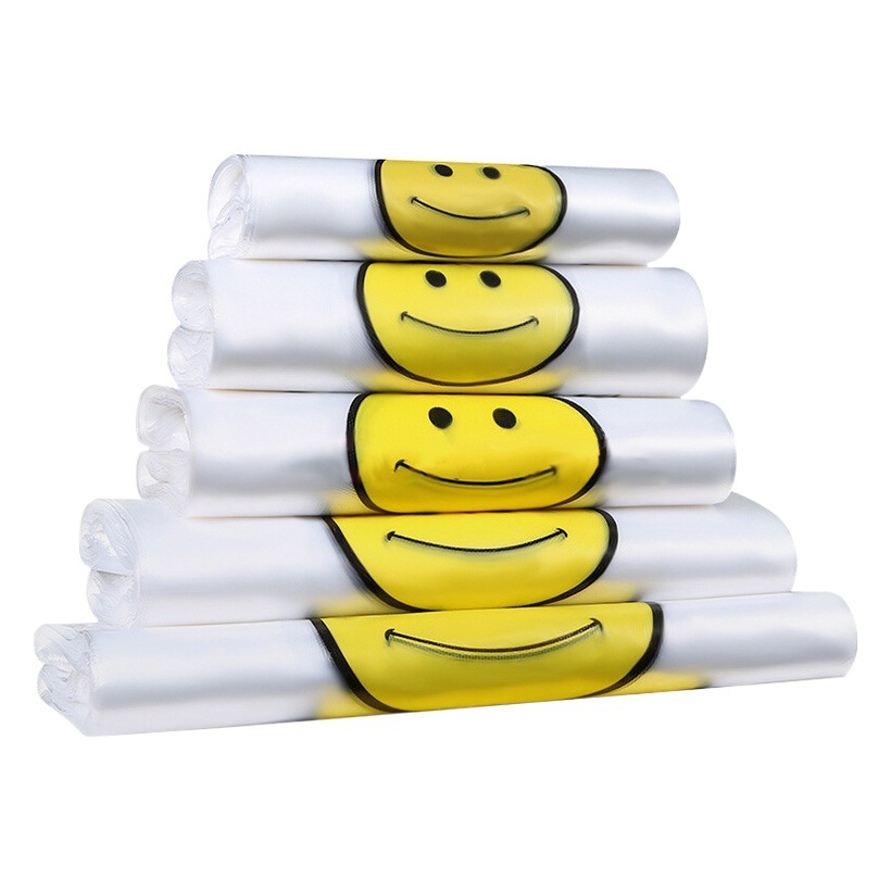 1 Plastic Bag Wholesale Convenience Store Supermarket Shopping Bag Degradable Vest Bag Takeaway Packaging Convenience Bag Transparent Smiley Face