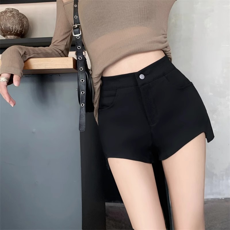 Design Sense Small Show Leg Long Black Tight Shorts Women's High Waist Sexy Hip Small Hot Stretch Hot Pants