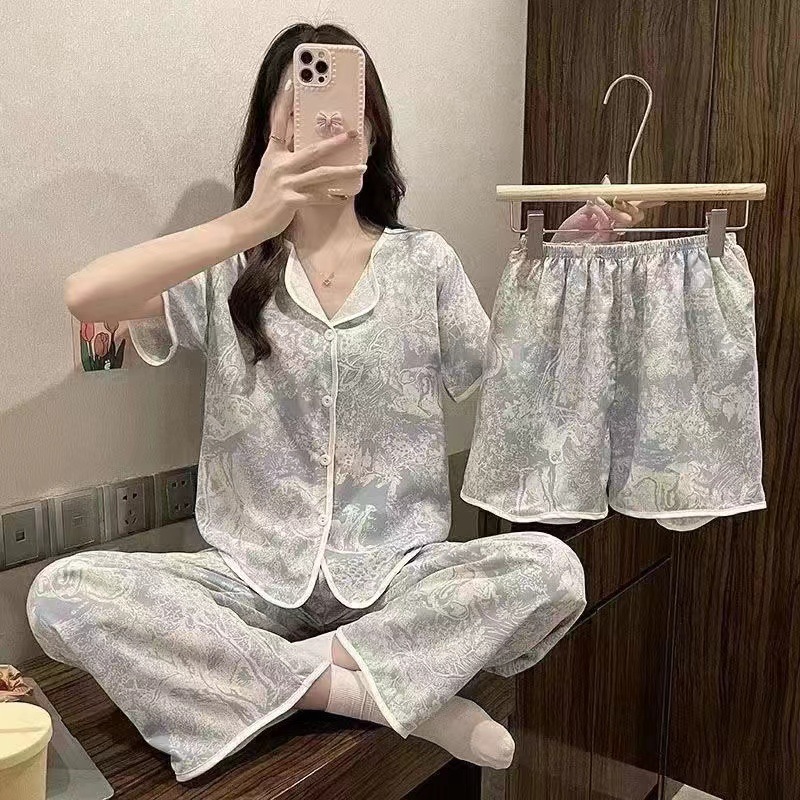 Picture of Pajamas for Women, Summer High-Fashion Influencer Three-Piece Set, Short-Sleeved Sweet Loungewear, Cool and Comfortable