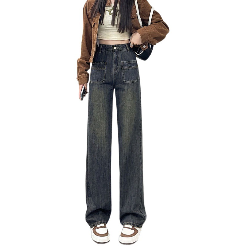Cement gray high waist straight jeans women's slimming design pocket nostalgic American narrow mop wide leg long pants