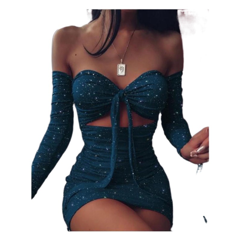 Foreign trade sexy dress wish Amazon birthday party long sleeve sequins tube top hollow banquet mini dress