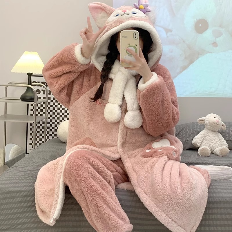Lina Belle Coral Velvet Pajamas for Women in Autumn and Winter Fleece-Lined Thickeneded Warm Flannel Winter Hooded Cute Nightgown