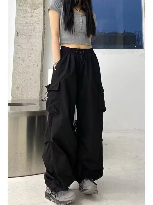 American Retro Black Wide-Leg Cargo Pants for Women, Loose Design, Jogger Straight Parachute Pants, Quick-Dry Pants