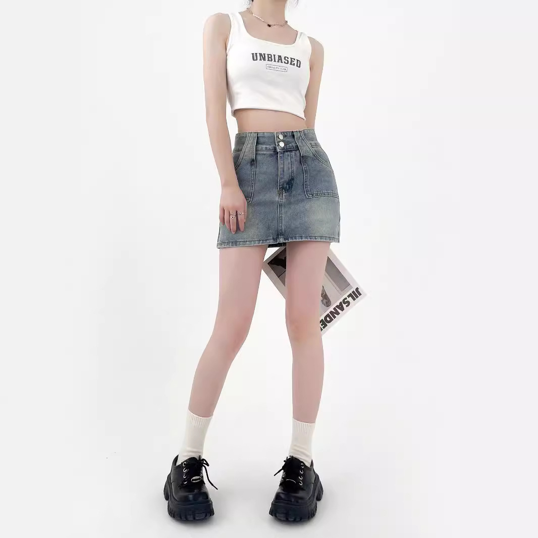 Hot Girl Vintage Denim Skirt Skirt Skirt Women's Summer 2024 New High Waist Slim Fit Slimming A- line Hip Skirt