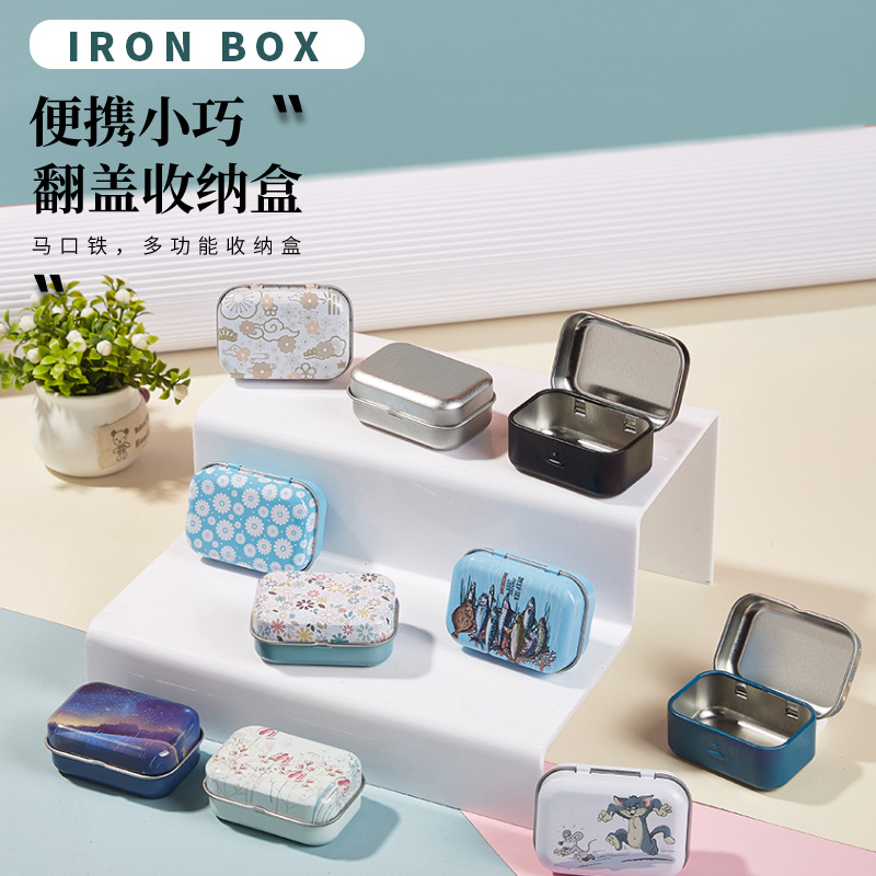 Mini Tinplate Box with Lid, Small Jewelry Storage Box, Cross-Border Small Tin Box, Color-Printed Rectangular Tin Box, Various Styles