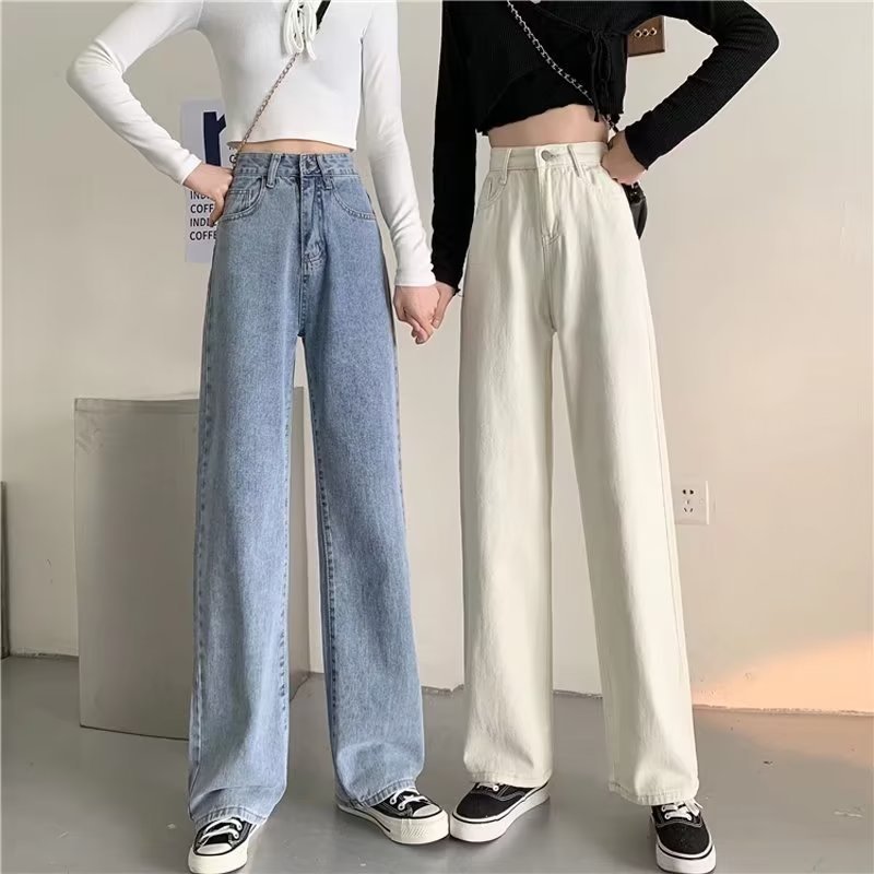 Summer 2023 Denim Pants Women's Korean Style High Waist Slimming Straight Leg Pants Loose All-match Wide Leg Students Ripped Pants for Foreign Trade