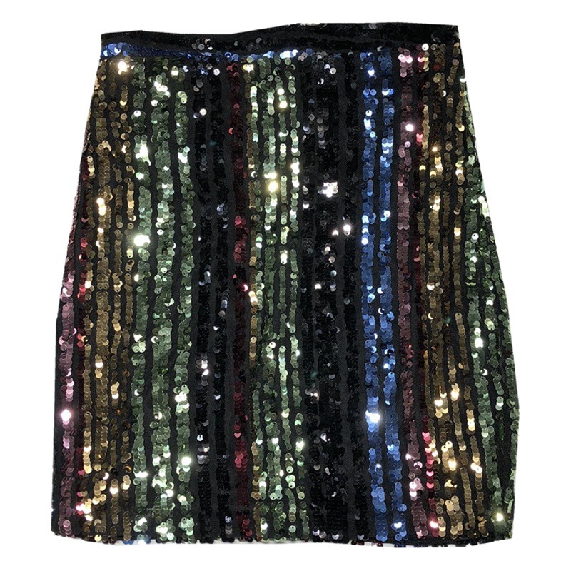 High Waist Skirt Women's Summer One-Step Skirt Vertical Pattern Color Sequin Skirt Ins Style Skirt All-Match A- Line Skirt Hip Skirt