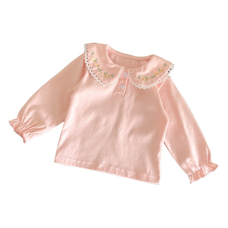 Picture of 0-3 Year Old Baby Girl Bottoming Shirt 2025 Spring & Fall Simple Infant and Toddler Embroidered Lapel Top Cotton Long-Sleeved T-Shirt