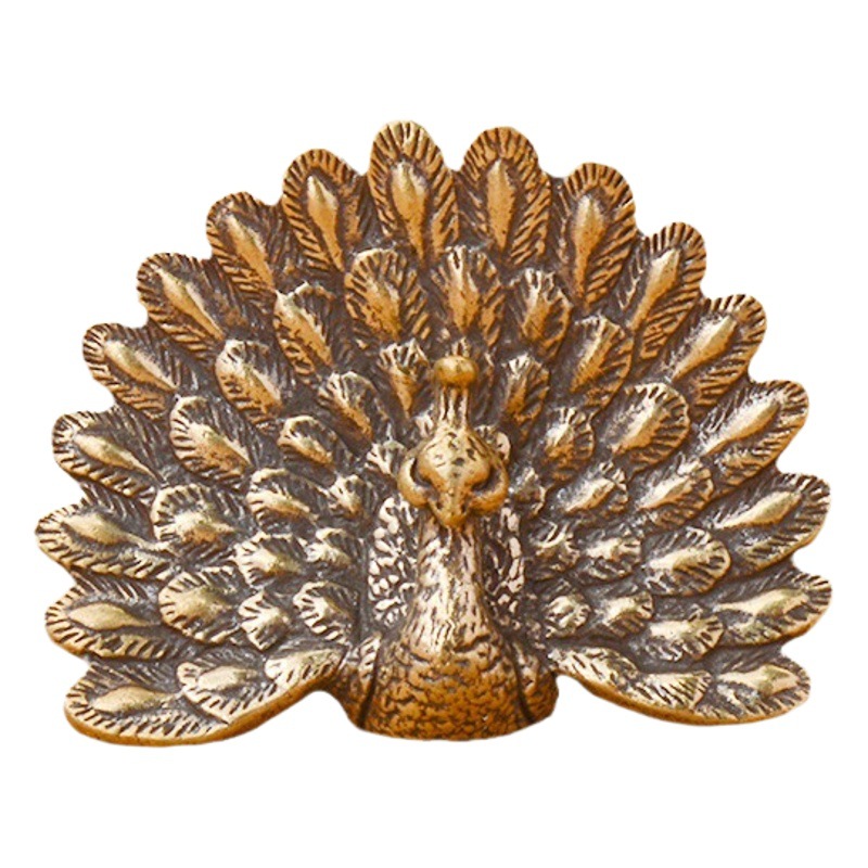 Pure Brass old Peacock open screen home small decoration office desktop tea pet decoration handle toy