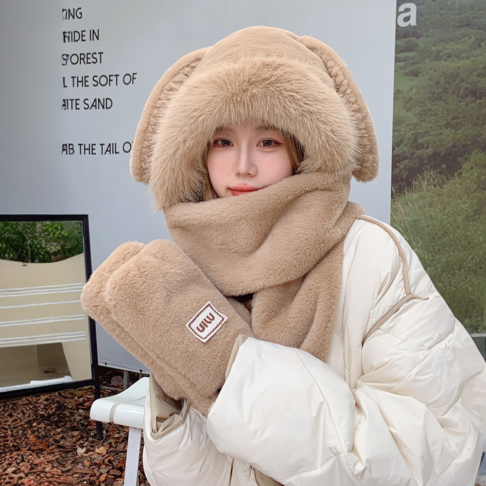 New Autumn and Winter Plush Hat, Scarf and Gloves All-In-One Three-Piece Set for Women, Fleece-Lined, Thickeneding, Warm and Cute Student Scarf