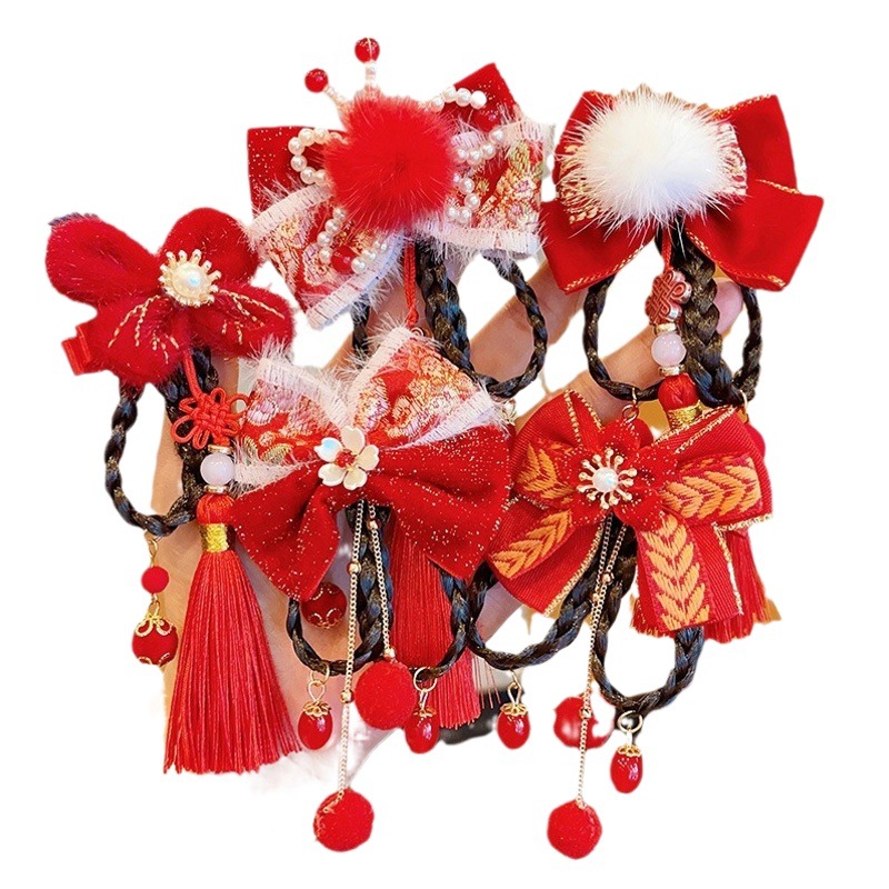 Girl's ancient style Chinese clothing headdress New Year hair accessories children's wig braid little girl Chinese style tassel hairpin