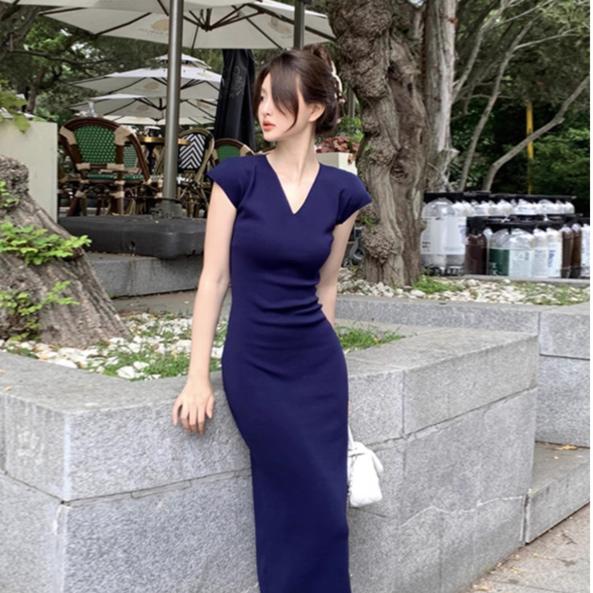 French Style Women's Summer New Arrival Shoulder Sleeve Ice Silk Knitted dress V-Neck Slim-Fit Hip Long Dress Solid Color