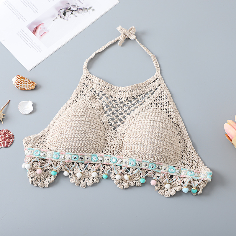 Halter small camisole lace-up hollow tube top embroidered knitted Bohemian ethnic style short women's top