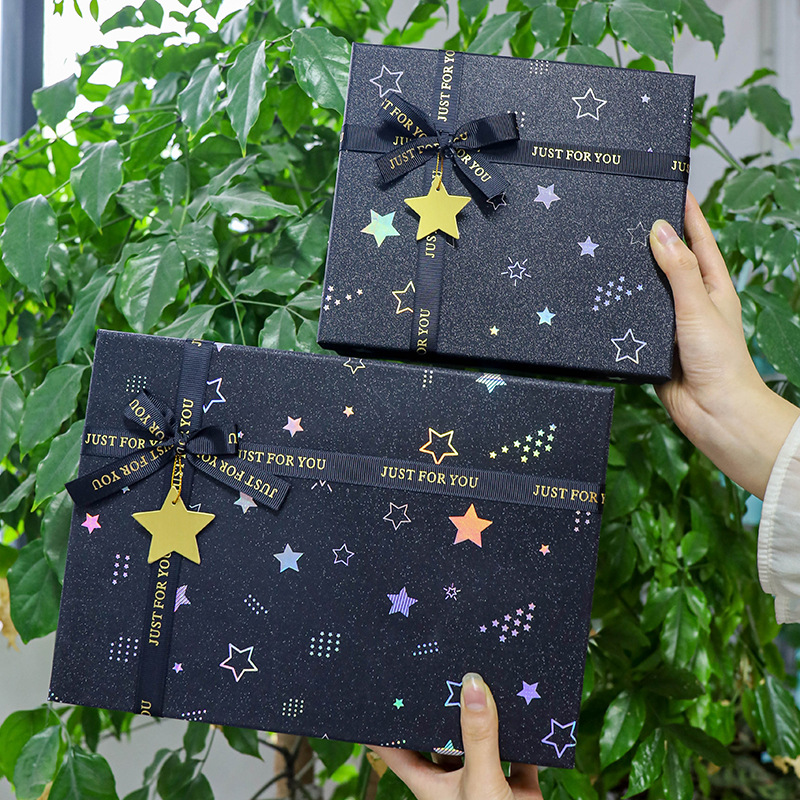 New black gift box large heaven and earth cover bow box for boys birthday gift packaging box manufacturers wholesale