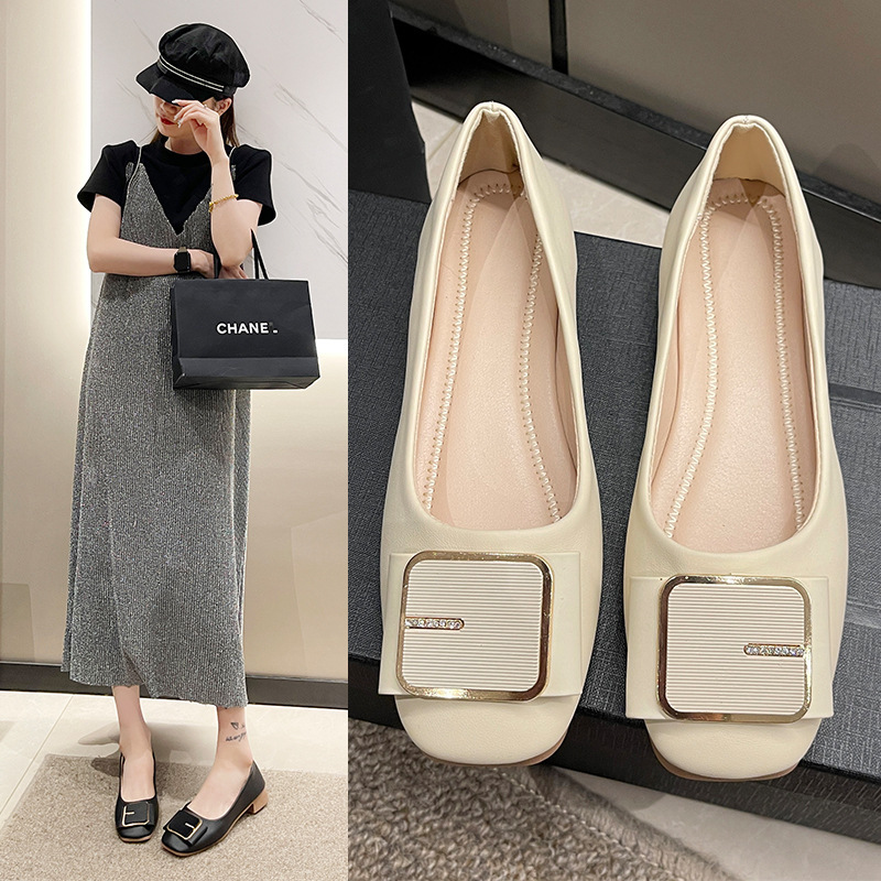 Flat Shoes for Women Wholesale Spring & Fall New Style French Style Low Heel Square Toe Slip-On Scoop Shoes Shallow Mouth Square Buckle Shoes