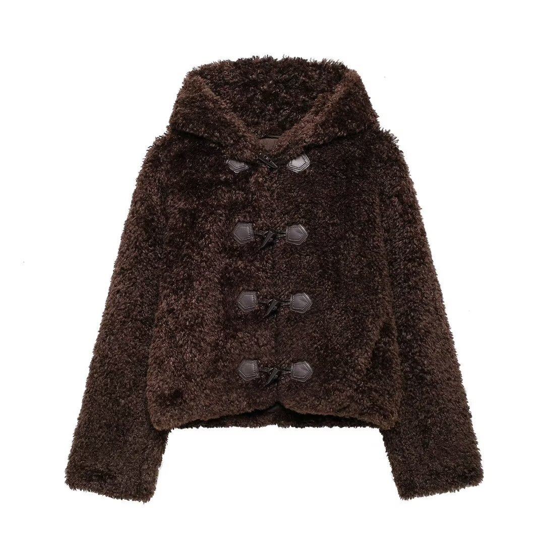 Picture of Women's Hooded Faux Fur Effect Short Coat 2024 Autumn and Winter New European and American Cross-border Knot Buckle Coat