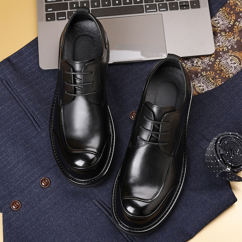 Top layer cowhide new business casual men's shoes leather lace-up thick sole high-end leather shoes soft sole heightened single shoe men