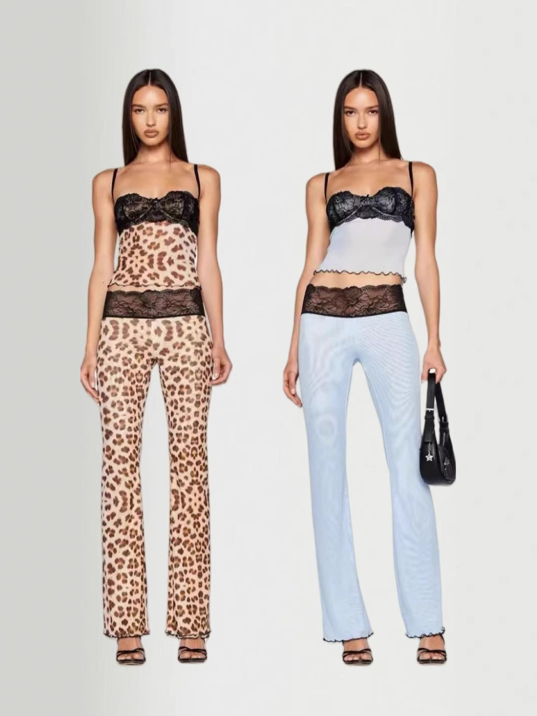 Leopard Print Top Women's Sexy Spring and Summer New 2024 Hottie Mesh See-Through Lace Tube Top Suspender Pants
