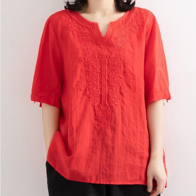 Retro V Neck Short-Sleeved Shirt for Women 2024 Summer New Loose Elegant Literary V Neck Cotton and Linen Pullover Top Trendy