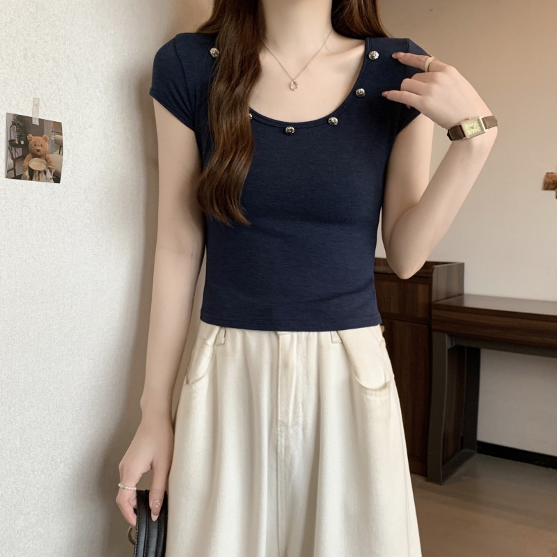 Low Collar Shoulder Button Short-sleeved T-shirt Women's Niche Design Summer Small Hot Girl Slim-fit Short Top