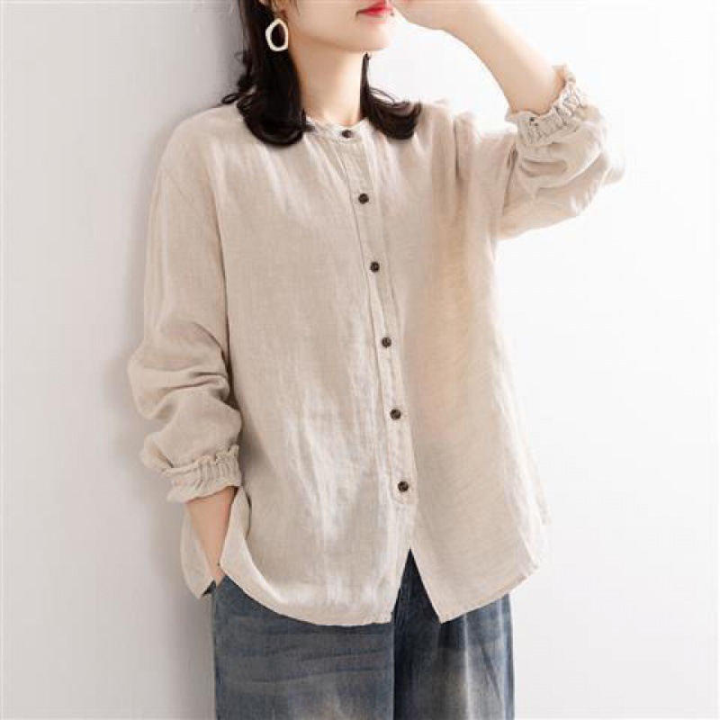 Picture of Artistic Retro Spring and Autumn Cotton Linen Shirt Women's Loose Round Neck Shirt Jacket Casual Jacket Neck Sleeve Top Women