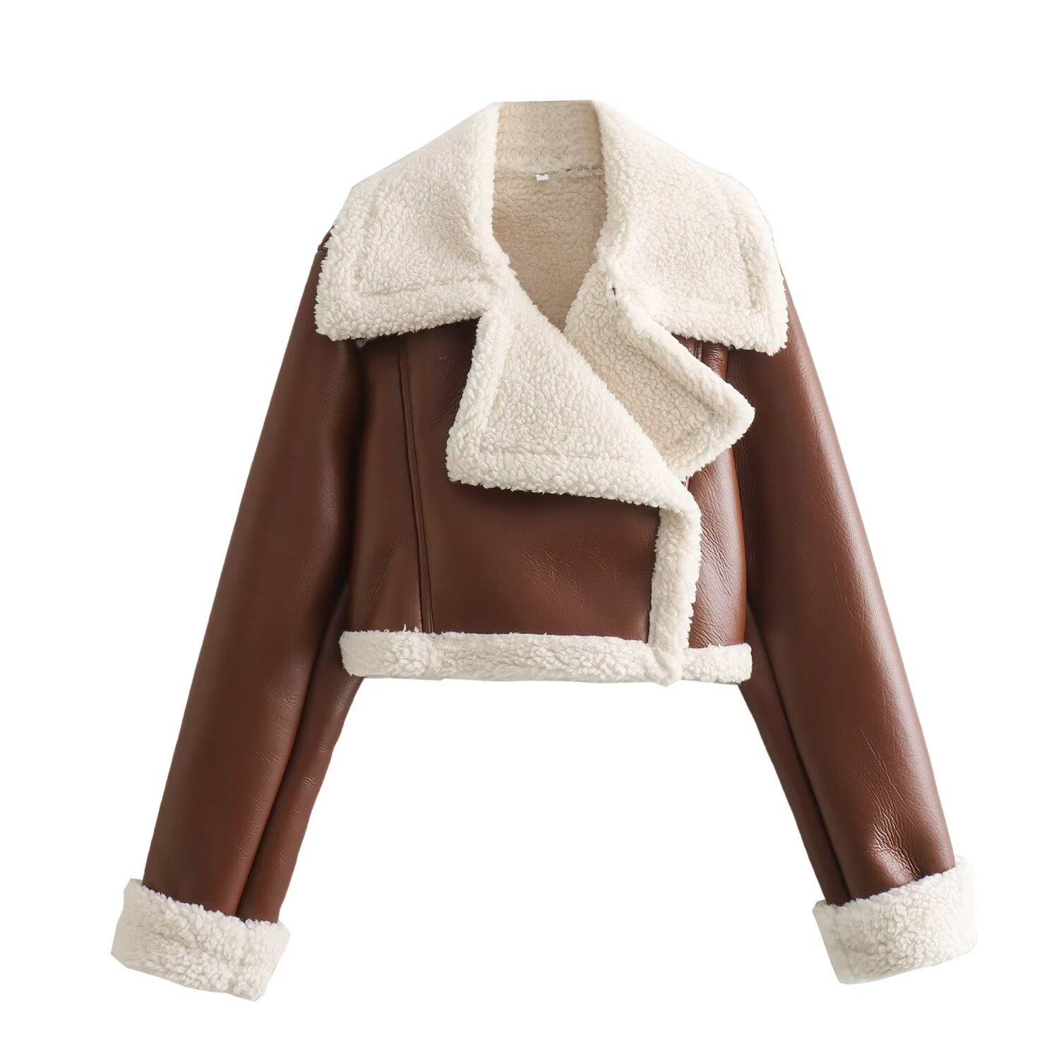 Picture of 2024 autumn and winter new European and American style double-sided loose short PU leather jacket zipper decoration fur one-piece leather jacket