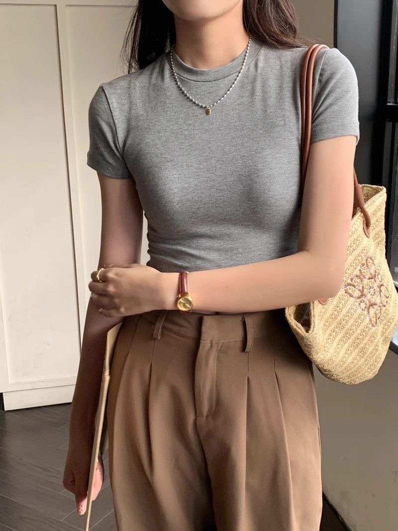 Picture of Spring and Summer New Tight-Fitting Right-Shoulder Small Round Neck Short-Sleeved T-Shirt for Women Slim-Fitting High-Waisted Short Navel-Baring Sexy Top