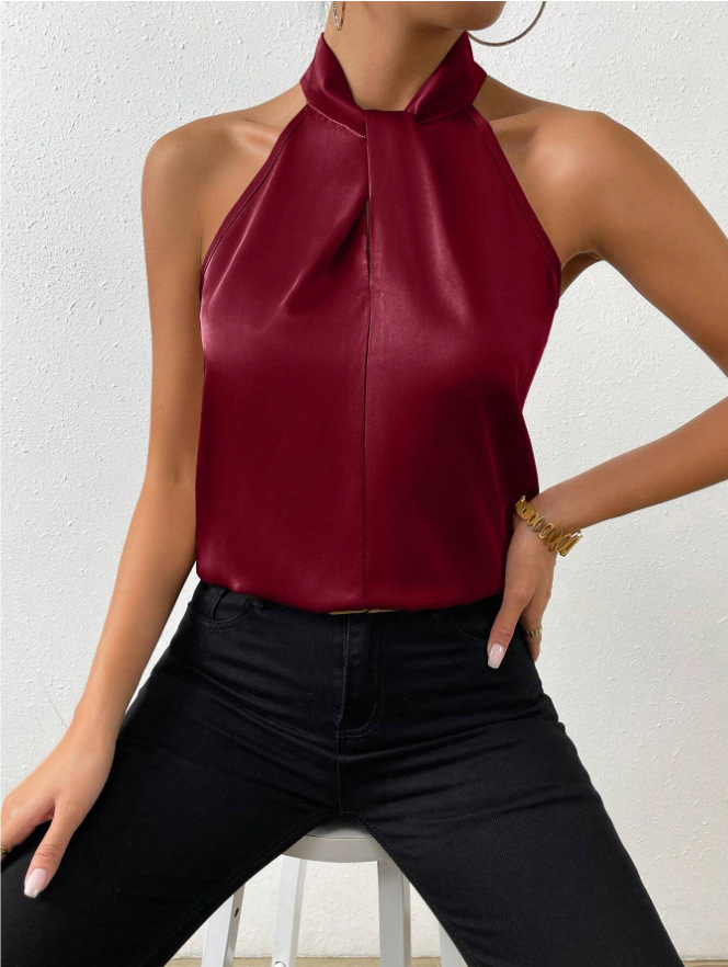 Picture of 2025 New Summer European and American Clothing Satin Halterneck Sleeveless Vest Satin Imitation Silk Top Wholesale in Stock