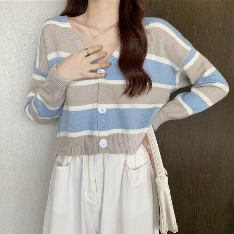 chic Spring and Autumn top lazy sweater Korean style 2023 New Age-reducing color matching striped long sleeve knitted cardigan for women