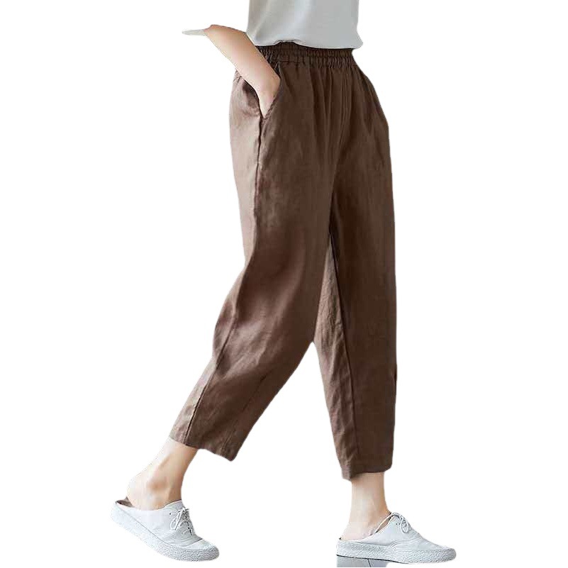 Cotton and Linen Hallen Pants Women's 2023 Summer Thin Loose High Waist Leg-toe Casual Pants Slimming Nine-point Solid Color Carrot Pants