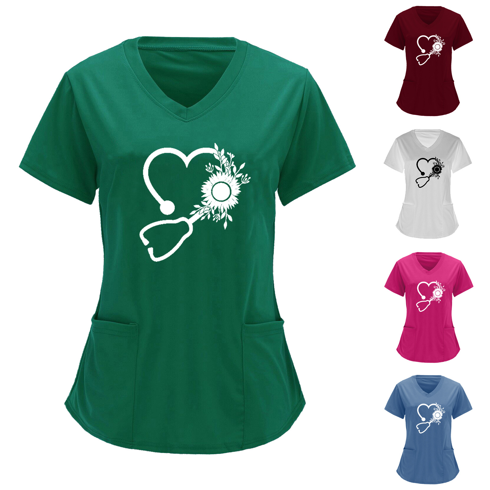 Amazon Cross-border 2022 Summer European and American Nurse Dress Love Flower Pattern Printed V-neck Pocket Short-sleeved T-shirt Women's Wear