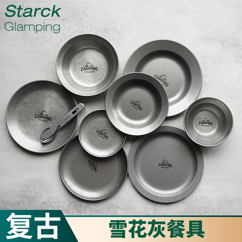 304 Stainless Steel Snow Gray Outdoor Dinner Plate Set Retro Bowl Plate Camping Style Portable Industrial Style Tableware Plate