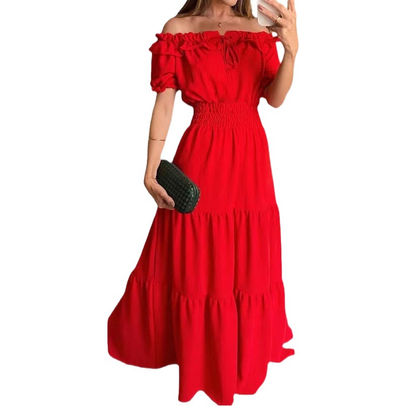 2025 Cross-Border Export New High-End Four-Sided Elastic One-Shoulder Tube Top Puff Sleeves Large Hem Dress