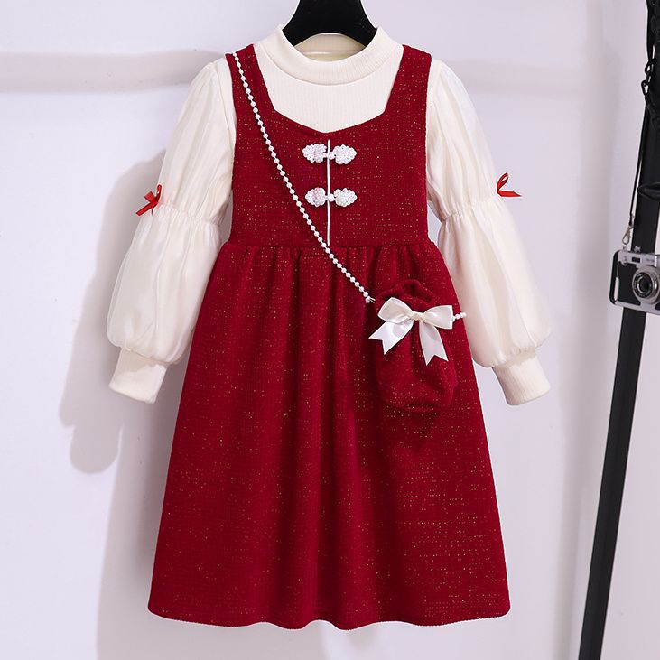 Girls' dress suit winter New Year greeting clothes Chinese style thickened long sleeve vest dress Princess dress two-piece set
