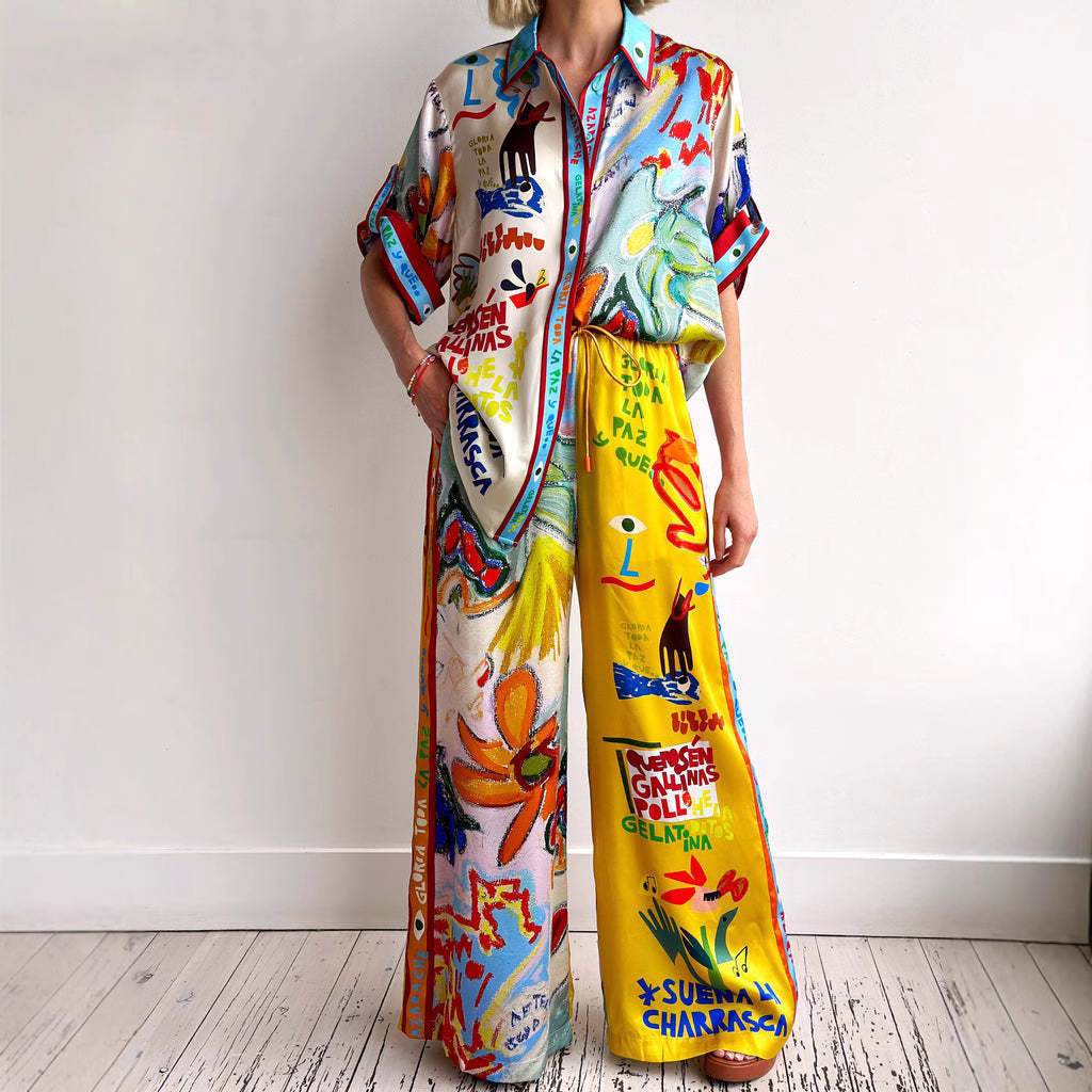Europe and the United States cross-border 2024 independent station AliExpress fashion personality printed short sleeve color matching holiday leisure tether suit
