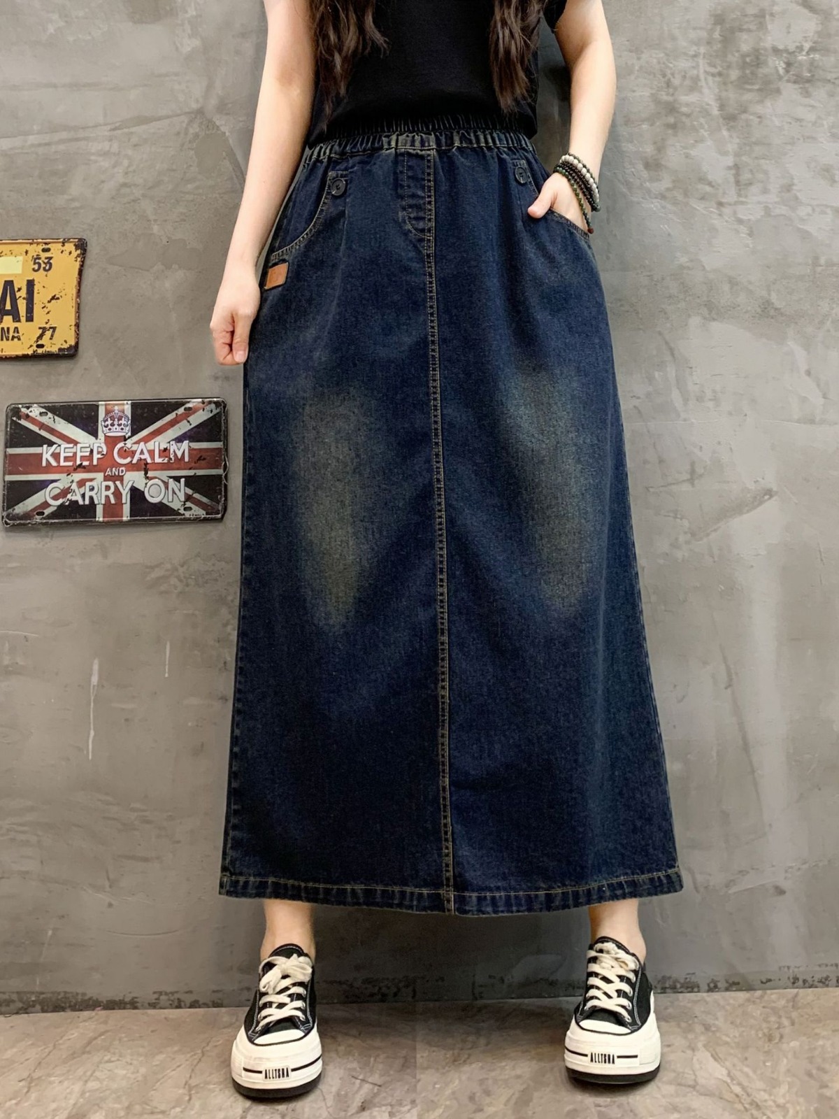 Fried color cotton skirt for women 2024 spring new artistic retro mid-length A- line skirt stitching high waist elastic all-match