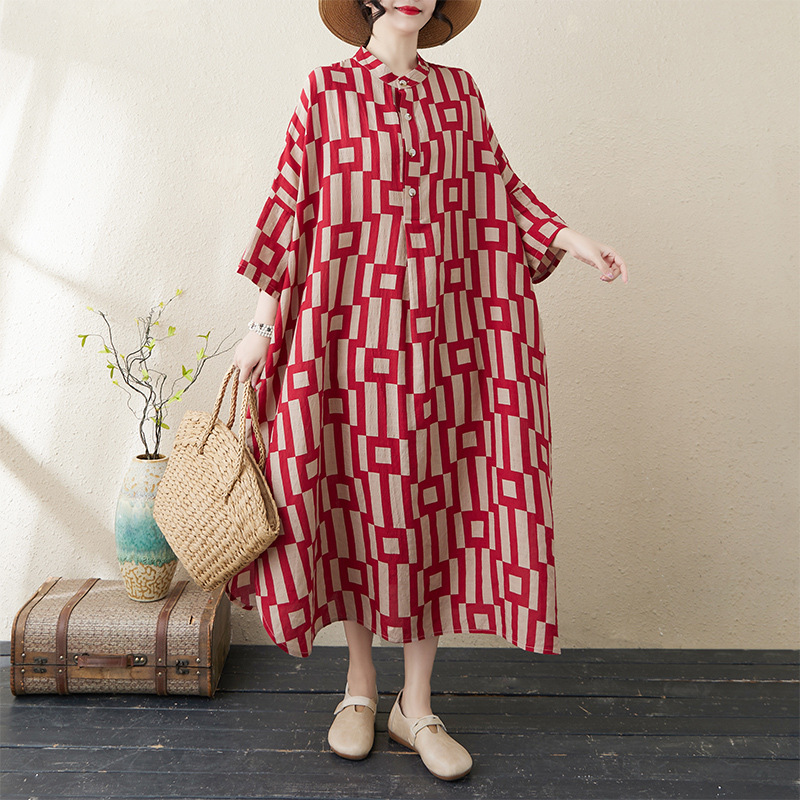 2025 Early Spring New Elegant Literary Retro Cotton and Linen Printed Stand Collar Loose Oversized Holiday Dress