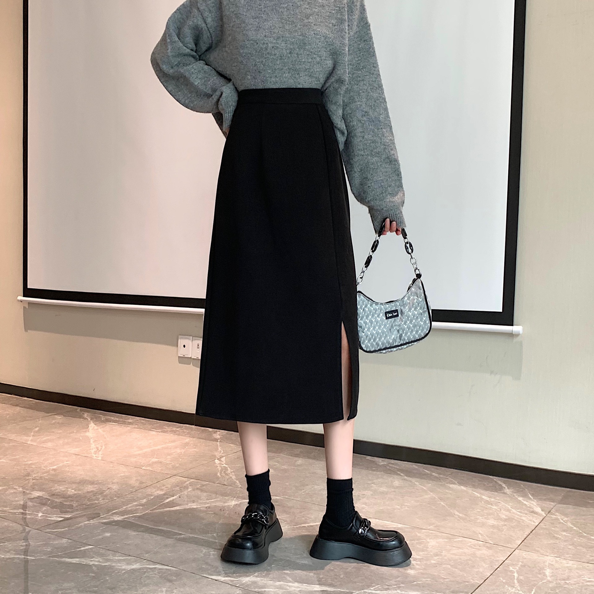 Spring and Summer New High Waist Split Mid-length All-match A- line Skirt Slimming Black Hip Skirt Large Size mm Skirt