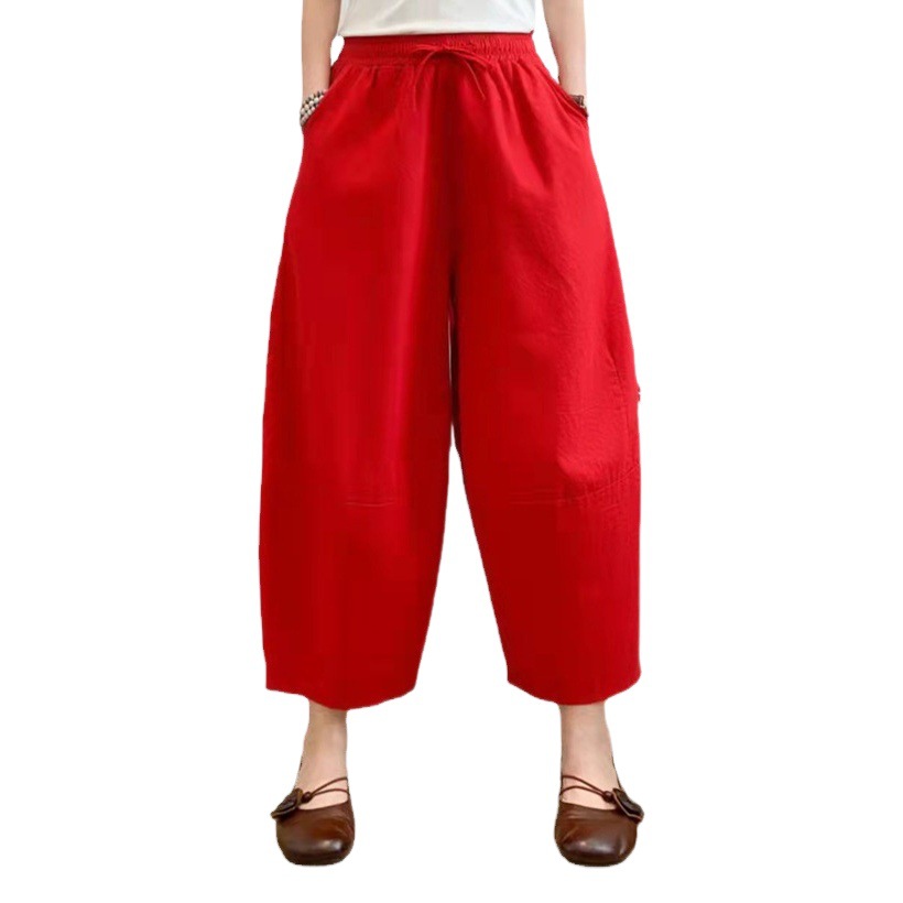 Summer New Cotton and Linen Bloomers Women's Artistic Vintage Culottes Loose Large Size Ramie Elasticated Waist Wide Leg Women's Pants